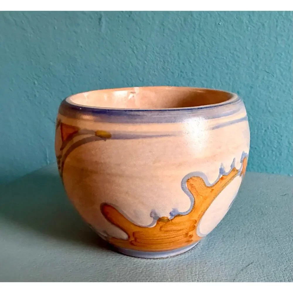 Italian Handpainted Majolica Signed Studio Pottery Cup Vase Blue Orange Wave